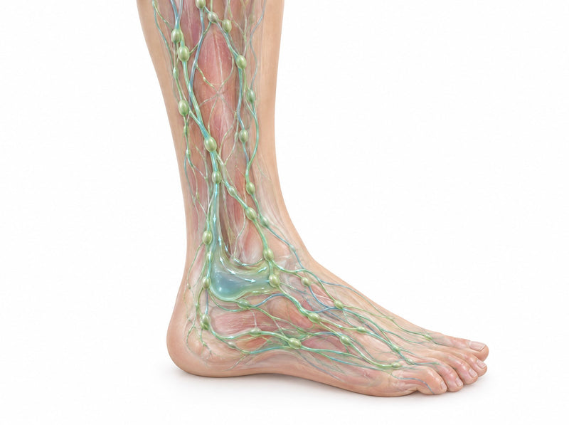 Illustration du réseau lymphatique de la jambe et du liquide qui stagne à la cheville