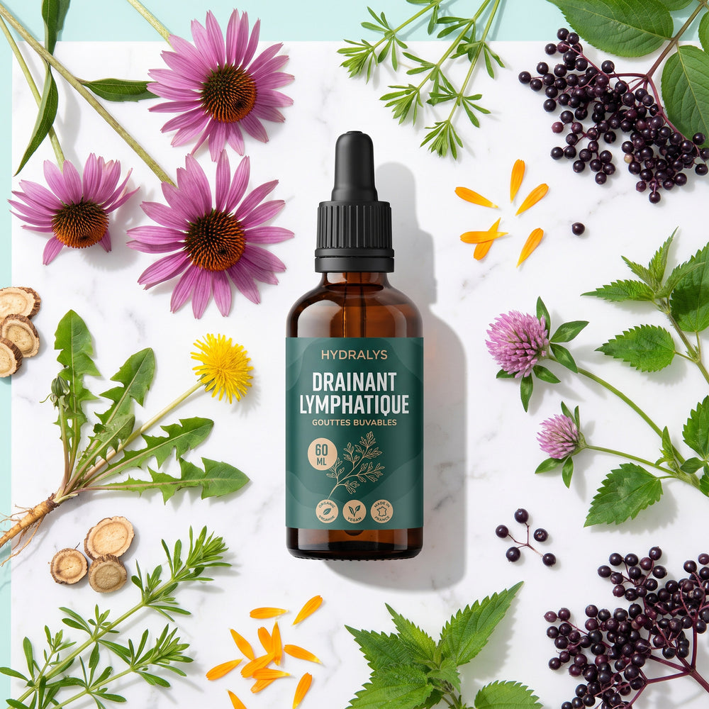 Flacon Hydralys entouré des plantes de la formule